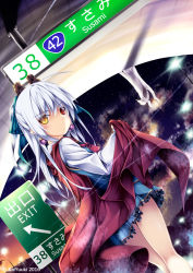 Rule 34 | 1girl, blue dress, bow, cape, cat, commentary request, dress, dutch angle, earrings, hair bow, hair ornament, hanging, heterochromia, jewelry, kai yuuki, lamp, long hair, long sleeves, looking at viewer, looking back, motomiya susami, original, road sign, shirt, sign, silver hair, sky, solo, star (sky), starry sky, sunset, thighs
