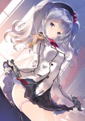 Rule 34 | 10s, 1girl, absurdres, beret, black skirt, blue eyes, blush, breasts, clothes lift, epaulettes, gloves, hat, highres, kantai collection, kashima (kancolle), kerchief, lifting own clothes, long hair, looking at viewer, medium breasts, military, military uniform, nakamura takeshi, panties, panty pull, pink panties, silver hair, sitting, skirt, skirt lift, smile, solo, twintails, underwear, uniform, white gloves