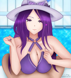Rule 34 | 1boy, 1girl, bikini, bikini top only, grabbing another&#039;s breast, breast press, breasts squeezed together, breasts, caitlyn (league of legends), cleavage, eye contact, eyewear on head, glasses, grabbing, hat, heart, large breasts, league of legends, looking at another, looking at viewer, nail polish, paizuri, paizuri under clothes, pool, pool party caitlyn, poolside, pov, purple eyes, purple hair, purple nails, ribbon, solo focus, sunglasses on head, swimsuit, zurikat