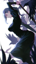 Rule 34 | 1girl, animal, arm up, bird, black dress, blue hair, braid, braided bangs, braided ponytail, breasts, closed mouth, crow, dress, eyeshadow, feet out of frame, flying, highres, holding, holding weapon, jujutsu kaisen, large breasts, long hair, long sleeves, looking away, makeup, mei mei (jujutsu kaisen), namahamu913, polearm, profile, smile, solo, weapon, white background