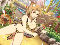 Rule 34 | 1girl, 2022, animal costume, animal ears, animal print, architecture, bamboo, bikini, blonde hair, blue sky, blurry, blush, breasts, bush, chinese zodiac, cleavage, cloud, confetti, daidouji (senran kagura), day, depth of field, east asian architecture, fence, folding fan, forest, gate, grass, groin, hagoita, hand fan, happy new year, holding, kadomatsu, large breasts, light particles, long hair, looking at viewer, mole, mole under eye, nature, navel, new year, official alternate costume, official art, onsen, open mouth, outdoors, paddle, paper fan, plant, potted plant, red eyes, rock, sandals, senran kagura, senran kagura burst, senran kagura new link, senran kagura shoujo-tachi no shin&#039;ei, shiny skin, side-tie bikini bottom, sky, smile, solo, sparkle, steam, striped fur, sunlight, swimsuit, tail, tiger, tiger costume, tiger ears, tiger girl, tiger print, tiger stripes, tiger tail, tongue, tree, water, wooden fence, yaegashi nan, year of the tiger