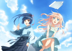 Rule 34 | 1boy, 1girl, blonde hair, blue eyes, blue hair, brown eyes, cloud, day, dress, earrings, japanese clothes, jewelry, kimono, kunimoto ori, long hair, macross, macross frontier, open mouth, outdoors, paper airplane, saotome alto, sheryl nome, sky, aged down