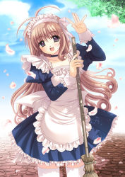 Rule 34 | broom, brown hair, cherry blossoms, frills, long hair, maid, nishimata aoi, non-web source, open mouth, petals, purple eyes, solo, thighhighs, waving