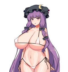 Rule 34 | 1girl, absurdres, areola slip, bare arms, bare shoulders, bikini, black bow, black hat, blunt bangs, bow, breasts, covered erect nipples, cowboy shot, crescent, crescent hat ornament, hair bow, hat, hat ornament, highres, huge breasts, long hair, looking at viewer, micro bikini, mob cap, navel, ody kishi, parted lips, patchouli knowledge, purple eyes, purple hair, side-tie bikini bottom, simple background, solo, stomach, string bikini, swimsuit, thighs, touhou, very long hair, white background, white bikini