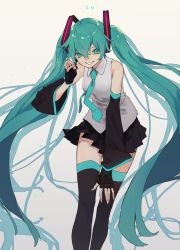 Rule 34 | 1girl, bare shoulders, black gloves, black skirt, black thighhighs, blue eyes, blue hair, closed mouth, collared shirt, detached sleeves, fingerless gloves, gloves, grey background, hair between eyes, hatsune miku, headphones, headset, highres, leaning forward, long hair, long sleeves, looking at viewer, miniskirt, pleated skirt, reiga (act000), shirt, skirt, sleeveless, sleeveless shirt, smile, solo, thighhighs, twintails, very long hair, vocaloid, white shirt, wing collar, zettai ryouiki