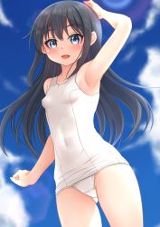 Rule 34 | 1girl, absurdres, asashio (kancolle), black hair, blue eyes, blue one-piece swimsuit, blue sky, blush, breasts, cloud, collarbone, covered navel, cowboy shot, day, gluteal fold, hair between eyes, highres, kantai collection, long hair, looking at viewer, makura (y makura), old school swimsuit, one-piece swimsuit, open mouth, outdoors, school swimsuit, sky, small breasts, smile, solo, swimsuit, white one-piece swimsuit