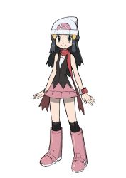 Rule 34 | 1girl, bad id, bad twitter id, beanie, black hair, boots, bracelet, closed mouth, commentary request, creatures (company), dawn (pokemon), eyelashes, game freak, grey eyes, hair ornament, hairclip, hat, highres, jewelry, knees, long hair, nintendo, over-kneehighs, pink footwear, pink skirt, pokemon, pokemon dppt, red scarf, scarf, shirt, simple background, skirt, sleeveless, sleeveless shirt, smile, solo, standing, thighhighs, white background, white hat, yoshi (moco1)