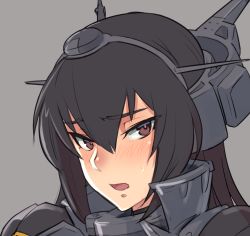 Rule 34 | 1girl, armor, bad id, bad pixiv id, black hair, blush, bright pupils, grey background, hair between eyes, headgear, kantai collection, long hair, looking at viewer, mikoyan, nagato (kancolle), nagato kai ni (kancolle), parted lips, portrait, red eyes, simple background, solo, sweat