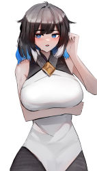Rule 34 | 1girl, absurdres, arknights, bare arms, bare shoulders, black hair, blue eyes, blue hair, breasts, commentary, dress, highres, kjera (arknights), large breasts, looking at viewer, multicolored hair, open mouth, simple background, solo, upper body, wawamachi (wawamachis), white background, white dress