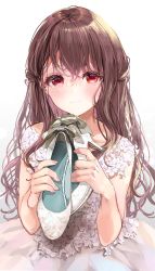 Rule 34 | 1girl, :|, bare shoulders, blush, braid, brown hair, closed mouth, dress, hair between eyes, highres, long hair, looking at viewer, nail polish, original, puracotte, red eyes, ribbon, shoes, simple background, sleeveless, solo, teardrop, tears, very long hair, white background, white dress