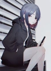 Rule 34 | 1girl, bare legs, black jacket, blue hair, cigarette, colored inner hair, controller, from side, grey skirt, hand in pocket, highres, holding, holding remote control, hood, hooded jacket, jacket, looking at viewer, looking to the side, medium hair, migihidari (puwako), miniskirt, mouth hold, multicolored hair, open clothes, open jacket, original, red eyes, remote control, shirt, sitting, skirt, smoking, solo, two-tone hair, white shirt, window blinds, window shutter
