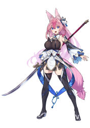 Rule 34 | 1girl, absurdres, animal ears, baffu, bare shoulders, blue eyes, breasts, commentary request, detached sleeves, fox ears, fox girl, fox tail, full body, hair between eyes, hanayono menora, highres, holding, holding polearm, holding weapon, indie virtual youtuber, large breasts, long hair, looking at viewer, mole, mole on thigh, open mouth, pink hair, polearm, simple background, solo, standing, tail, thighhighs, tongue, very long hair, virtual youtuber, weapon, white background