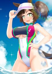Rule 34 | 1girl, adjusting clothes, adjusting headwear, alternate costume, animal ears, blush, breasts, cloud, commentary request, commission, freckles, ganimede, green eyes, groin, horse ears, horse girl, horse tail, ines fujin (umamusume), large breasts, lens flare, navel, ocean, open mouth, skeb commission, sky, solo, sparkle, swimsuit, tail, umamusume, visor cap