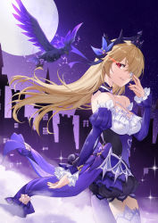 Rule 34 | 1girl, absurdres, bird, blonde hair, breasts, commentary request, crow, dress, eyepatch, fischl (ein immernachtstraum) (genshin impact), fischl (genshin impact), full moon, genshin impact, glowing, glowing eye, highres, linreplica, long hair, looking at viewer, medium breasts, moon, night, oz (genshin impact), purple dress, red eyes, single leg pantyhose, solo, thighhighs, thighs, tiara, white thighhighs