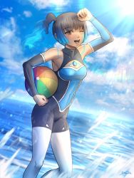 Rule 34 | 1girl, arm up, ball, barefoot, beachball, black hair, breasts, brown eyes, commentary, cowboy shot, dark-skinned female, dark skin, detached sleeves, fiery hair, gradient hair, highres, holding, holding ball, long sleeves, moonllita, multicolored hair, ocean, one eye closed, open mouth, sena (xenoblade), side ponytail, small breasts, smile, solo, swimsuit, xenoblade chronicles (series), xenoblade chronicles 3