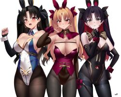 Rule 34 | 3girls, animal ears, bare shoulders, black bow, black gloves, black hair, black leotard, black pantyhose, blonde hair, blue bow, blush, bow, breasts, cleavage, collarbone, corset, covered navel, detached collar, detached sleeves, earrings, elbow gloves, ereshkigal (fate), fake animal ears, fate/grand order, fate (series), fingerless gloves, gloves, gold trim, grey eyes, hair bow, hair ribbon, highleg, highleg leotard, highres, hoop earrings, ishtar (fate), jewelry, kurozawa yui, legs together, leotard, long hair, looking at viewer, medium breasts, multicolored hair, multiple girls, nail polish, nontraditional playboy bunny, open mouth, pantyhose, parted bangs, playboy bunny, rabbit ears, red eyes, red hair, ribbon, siblings, signature, sisters, space ishtar (fate), strapless, strapless leotard, thighband pantyhose, twintails, two-tone hair, two side up, wrist cuffs