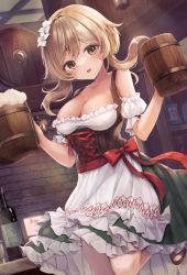 Rule 34 | 1girl, :d, alcohol, alternate costume, bare shoulders, barmaid, beer keg, beer mug, blonde hair, bottle, bow, breasts, collarbone, corset, cross-laced clothes, cup, detached sleeves, dirndl, dress, drink, floating hair, flower, frilled dress, frilled sleeves, frills, genshin impact, german clothes, hair flower, hair ornament, highres, holding, holding drink, indoors, itone 114, layered dress, lily (flower), looking at viewer, low neckline, lumine (genshin impact), maid, medium breasts, mug, open mouth, red bow, short hair with long locks, short sleeves, shoulder strap, smile, solo, standing, standing on one leg, underbust, white dress, white flower, white sleeves, yellow eyes