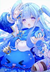 Rule 34 | 1girl, arm up, blue hair, blue scarf, blunt bangs, blush, breast rest, breasts, commentary request, doughnut, food, hair between eyes, hair ornament, highres, holding, holding food, jolly estaa, large breasts, long hair, looking at viewer, noyu (noyu23386566), open mouth, pixela isekai, pixela project, pointy ears, purple eyes, scarf, sidelocks, slime (substance), two side up, virtual youtuber