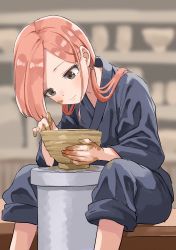 Rule 34 | 1girl, absurdres, black kimono, black pants, blurry, blurry background, closed mouth, commentary request, copyright request, depth of field, dirty hands, feet out of frame, grey eyes, hair over shoulder, highres, japanese clothes, kimono, leaning forward, long hair, low twintails, pants, pink hair, potters wheel, pottery, sitting, solo, twintails, yamamoto souichirou