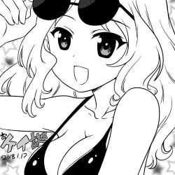 Rule 34 | 10s, 1girl, :d, adjusting eyewear, bikini, breasts, character name, cleavage, collarbone, commentary, dated, eyewear on head, girls und panzer, greyscale, hair intakes, happy birthday, kay (girls und panzer), long hair, looking at viewer, lowres, medium breasts, monochrome, monochrome, nanashiro gorou, open mouth, portrait, smile, solo, star (symbol), starry background, sunglasses, swimsuit