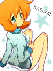 Rule 34 | 00s, 1girl, back, bad id, bad pixiv id, blue eyes, breasts, character name, creatures (company), game freak, gym leader, jacket, looking back, misty (pokemon), nintendo, one-piece swimsuit, orange hair, pokemon, pokemon hgss, short hair, sitting, solo, star (symbol), swimsuit, totogami toto
