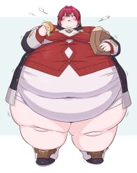Rule 34 | absurdres, ange katrina, ange katrina (1st costume), bag, big belly, black coat, black footwear, blue eyes, blush, breasts, burger, button gap, cardigan, coat, commentary, commission, commissioner upload, dress, fat, fat rolls, food, food on face, hair between eyes, hair intakes, highres, medium breasts, nijisanji, obese, open mouth, paper bag, red cardigan, red hair, short hair, skeb commission, taut clothes, thick thighs, thighs, triangle hair ornament, vesba, virtual youtuber, white dress