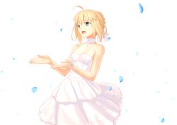 Rule 34 | 1girl, ahoge, artoria pendragon (fate), blonde hair, braid, breasts, crown braid, dress, fate/stay night, fate (series), green eyes, hand up, highres, looking away, official art, open mouth, petals, ribbon, saber (fate), solo, takeuchi takashi, white background, white dress