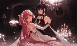 Rule 34 | 2girls, absurdres, akemi homura, akuma homura, black gloves, black hair, bow, breasts, chandelier, choker, dress, elbow gloves, gloves, hair bow, hair ribbon, hairband, hand on another&#039;s shoulder, headband, highres, holding hands, kaname madoka, long hair, looking at viewer, mahou shoujo madoka magica, multiple girls, parted lips, pink eyes, pink hair, purple eyes, purple headband, ribbon, sliencio, small breasts, smile, ultimate madoka, white bow, white gloves