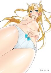 Rule 34 | 10s, 1girl, 2016, abukuma (kancolle), ama mitsuki, blonde hair, blue eyes, blush, breasts, dated, double bun, from below, hair between eyes, hair bun, hair rings, kantai collection, long hair, looking at viewer, looking down, navel, panties, small breasts, solo, standing, topless, twintails, underwear, underwear only, white panties