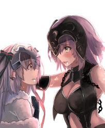 Rule 34 | 2girls, after kiss, backlighting, bare shoulders, black gloves, blonde hair, blush, bow, breasts, capelet, chain, cleavage, commentary request, elbow gloves, eye contact, fate/grand order, fate (series), fur trim, gloves, green ribbon, hair bow, hair ribbon, hand on another&#039;s head, hand up, headpat, headpiece, jeanne d&#039;arc (fate), jeanne d&#039;arc (ruler) (fate), jeanne d&#039;arc alter (avenger) (fate), jeanne d&#039;arc alter (avenger) (third ascension) (fate), jeanne d&#039;arc alter (fate), jeanne d&#039;arc alter santa lily (fate), large breasts, light purple hair, long hair, looking at another, medium breasts, multiple girls, out of frame, parted lips, ribbon, saliva, saliva trail, short hair, silver hair, simple background, striped bow, striped ribbon, teeth, upper body, white background, yellow eyes, yuge (yuge bakuhatsu), yuri