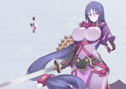 Rule 34 | aosora kamiya, arrow (projectile), bodysuit, breasts, covered navel, fate/grand order, fate (series), gloves, holding, holding sword, holding weapon, large breasts, long hair, looking at viewer, minamoto no raikou (fate), purple eyes, purple hair, smile, solo, sword, very long hair, weapon