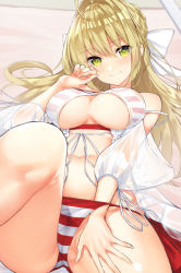 Rule 34 | 10s, 1girl, ahoge, anza tomo, bare shoulders, bikini, bikini under clothes, blonde hair, bow, breasts, breasts apart, commentary, fate/extra, fate/grand order, fate (series), green eyes, hair bow, hair intakes, hand on own cheek, hand on own face, hand on own thigh, knee up, long hair, looking at viewer, lying, medium breasts, nero claudius (fate), nero claudius (fate) (all), nero claudius (swimsuit caster) (fate), nero claudius (swimsuit caster) (third ascension) (fate), on back, puffy sleeves, red bikini, see-through, shirt, smile, solo, striped bikini, striped clothes, swimsuit, underboob, white bow, white shirt