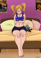 Rule 34 | 1boy, 1girl, absurdres, barefoot, bed, bedroom, black shirt, black shorts, blonde hair, blue eyes, blue pants, blue shirt, blush, breasts, brown hair, character doll, cleavage, closed eyes, collarbone, dakunart, denim, grin, highres, jeans, juliet starling, king of the zombies, large breasts, lollipop chainsaw, long hair, looking down, lying, midriff, mini person, miniboy, navel, pants, pillow, plants vs zombies, poster (object), revolt of the zombies, scrunchie, shirt, shoes, short hair, short sleeves, shorts, sitting, smile, stuffed toy, tank top, teeth, twintails, white footwear, zombie (plants vs zombies)