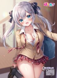 1girl bag bra breasts cardigan cleavage collarbone hair_ornament highres loafers logo long_hair looking_at_viewer mitsuba_choco open_mouth original panties plaid_clothes plaid_skirt school_uniform shirt shoes skirt smile solo twintails underwear white_shirt