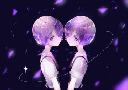 Rule 34 | 2others, absurdres, amethyst (houseki no kuni), androgynous, blue background, braid, commentary request, diffraction spikes, expressionless, gem uniform (houseki no kuni), highres, houseki no kuni, jitome, looking at viewer, mirin., multiple others, necktie, purple eyes, purple hair, short hair, siblings, smile, sparkle, twins