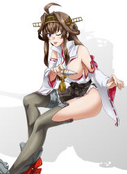 Rule 34 | 1girl, absurdres, ahoge, akito (sub707), ammunition, boots, breast slip, breasts, brown hair, brown hakama, detached sleeves, double bun, hair bun, hakama, hakama short skirt, hakama skirt, headgear, highres, japanese clothes, kantai collection, kongou (kancolle), kongou kai ni (kancolle), large breasts, long hair, nontraditional miko, one breast out, one eye closed, purple eyes, ribbon-trimmed sleeves, ribbon trim, rudder footwear, skirt, solo, thigh boots, thighhighs, tongue, tongue out