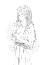 Rule 34 | 1boy, braid, character request, closed eyes, closed mouth, collarbone, elden ring, flower, greyscale, highres, holding, holding flower, jdori, lineart, long hair, long sleeves, miquella (elden ring), monochrome, own hands together, parted bangs