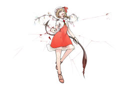Rule 34 | 1girl, alternate costume, alternate wings, ascot, blonde hair, collared shirt, dress, flandre scarlet, flower wings, full body, hat, hat ribbon, holding, holding pole, laevatein (touhou), looking at viewer, medium hair, mob cap, multicolored wings, nejima taeko, no socks, one side up, open mouth, pointy ears, pole, red ascot, red dress, red eyes, red ribbon, ribbon, sandals, shirt, simple background, solo, teeth, touhou, upper teeth only, white background, white hat, white shirt, wings