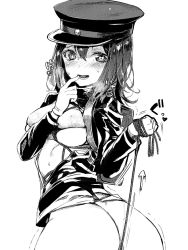 Rule 34 | 10s, 1girl, akitsu maru (kancolle), ass, bdsm, between buttocks, bikini, bikini top only, blush, bondage, bound, breasts, butt crack, covered erect nipples, finger to mouth, from behind, greyscale, hat, heart, heart-shaped pupils, jacket, kantai collection, large breasts, looking at viewer, looking back, micro bikini, micro bikini top, monochrome, nekometaru, no panties, no pants, open clothes, open jacket, open mouth, peaked cap, rope, short hair, simple background, sketch, solo, sweat, swimsuit, symbol-shaped pupils, translation request, white background