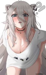 Rule 34 | !?, 1girl, animal ear fluff, animal ears, artist name, bent over, black choker, blush, breasts, choker, cleavage, clothes writing, commentary, downblouse, ear piercing, eizuremon, english commentary, grey eyes, grey hair, hand on own hip, hololive, large breasts, lion ears, lion girl, long hair, looking at viewer, no bra, off-shoulder shirt, off shoulder, open mouth, piercing, shirt, shishiro botan, shishiro botan (casual), sidelocks, virtual youtuber, white shirt