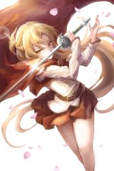 Rule 34 | 1girl, asuna (sao), bare legs, blouse, braid, brown eyes, brown hair, cape, covering own mouth, cropped vest, falling petals, fighting stance, floating cape, floating hair, half up braid, highres, holding, holding sword, holding weapon, kurau476, long hair, miniskirt, off-shoulder shirt, off shoulder, petals, rapier, red cape, red skirt, red vest, shirt, short ponytail, skirt, solo, sword, sword art online, sword art online progressive, thighs, vest, weapon, white background, white shirt