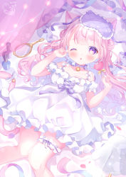 Rule 34 | 1girl, animal ears, bell, blush, candy, cat ears, cat girl, cat tail, collar, dress, food, hand mirror, heart, highres, lolita fashion, lollipop, looking up, lying, mirror, neck bell, omochi monaka, on back, on bed, one eye closed, original, pale skin, pastel colors, pink hair, purple eyes, tail, tired