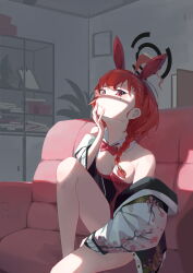 Rule 34 | 1girl, absurdres, ahoge, animal ears, bare legs, blue archive, bow, bowtie, breasts, couch, detached collar, fake animal ears, halo, highres, indoors, jacket, knee up, leotard, looking at viewer, mole, mole under eye, nekoyun93, neru (blue archive), neru (bunny) (blue archive), official alternate costume, on couch, playboy bunny, rabbit ears, red bow, red bowtie, red eyes, red hair, red leotard, sitting, small breasts, solo, sukajan