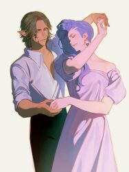 Rule 34 | 1boy, 1girl, alternate costume, arm up, asymmetrical hair, bare shoulders, black pants, blue hair, closed eyes, collarbone, collared shirt, commentary, cowboy shot, dancing, dress, elezen, elf, facial tattoo, final fantasy, final fantasy xiv, grey hair, hebi86070749, hetero, highres, holding hands, long hair, looking at another, moenbryda wilfsunnwyn, neck tattoo, off-shoulder dress, off shoulder, pants, parted bangs, pink dress, pointy ears, puffy short sleeves, puffy sleeves, roegadyn, shirt, short hair, short sleeves, sideburns, sidecut, simple background, smile, standing, tattoo, undercut, urianger augurelt, white shirt, yellow background, yellow eyes