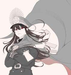 Rule 34 | 1girl, absurdres, belt, cape, crossed arms, expressionless, fate/grand order, fate (series), hat, highres, long hair, long sleeves, medallion, military hat, nobbu-dan 8, oda nobunaga (fate), oda uri, peaked cap, red eyes, simple background, solo, upper body