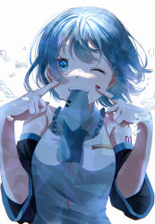 Rule 34 | 1girl, absurdres, alternate hair length, alternate hairstyle, black sleeves, blue eyes, blue hair, blue nails, blue necktie, detached sleeves, dress shirt, hatsune miku, highres, long sleeves, looking at viewer, mahiru yura, mouth hold, multicolored nails, nail polish, necktie, necktie in mouth, one eye closed, red nails, shirt, short hair, shoulder tattoo, sleeveless, sleeveless shirt, solo, tattoo, upper body, vocaloid, white background, white shirt
