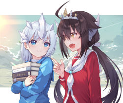 Rule 34 | 2girls, ahoge, blue eyes, blue shirt, blush, book, book stack, brown eyes, brown hair, character request, closed mouth, commentary request, crown, fang, gem, grey hair, hair between eyes, hair ornament, hand up, holding, holding book, index finger raised, long hair, long sleeves, looking at another, multiple girls, neckerchief, hugging object, open mouth, pointing, pointing at another, ponytail, red shirt, sailor collar, school uniform, serafuku, shirt, sky, smile, taro (ultrataro), twintails, ultra series, ultraman (1st series), ultraman tarou, upper body