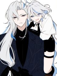 Rule 34 | 1boy, 1girl, ahoge, alternate costume, black necktie, black shirt, black skirt, black suit, blue eyes, blue hair, closed mouth, collared shirt, earrings, elbow gloves, expressionless, formal, furina (genshin impact), genshin impact, gloves, grey hair, hair between eyes, heterochromia, highres, jewelry, light blue hair, long hair, looking at viewer, multicolored hair, necklace, necktie, neuvillette (genshin impact), open mouth, purple eyes, shirt, simple background, skirt, smile, streaked hair, suit, white background, white shirt, yui (linaw-key08)