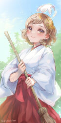 Rule 34 | 1girl, artist name, blue sky, blush, broom, brown eyes, brown hair, day, earrings, hair ornament, hairclip, hakama, highres, holding, holding broom, japanese clothes, jewelry, lonewolfrun, miko, minami kara, outdoors, red hakama, shiki (witch watch), sky, stud earrings, tree, witch watch
