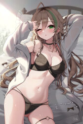 Rule 34 | 1girl, ;o, absurdres, ahoge, arm behind head, arms up, barbell piercing, beads, bed, black bra, black choker, black panties, body freckles, bra, breasts, brown hair, choker, cleavage, ear piercing, eyelashes, freckles, gluteal fold, green eyes, green hair, green nails, grey shirt, hair between eyes, hibiki (kudou), highres, huge ahoge, industrial piercing, kudou (sikisiki0000), long hair, looking at viewer, medium breasts, mole, mole on breast, mole on thigh, multi-strapped panties, multicolored hair, multiple piercings, nail polish, navel, off shoulder, on bed, one eye closed, open clothes, open mouth, open shirt, original, panties, pendant choker, piercing, pillow, shirt, sidelighting, sidelocks, signature, single bare shoulder, skindentation, solo, stomach, streaked hair, string panties, tearing up, thigh strap, thighs, two-tone hair, underwear, very long hair, waking up